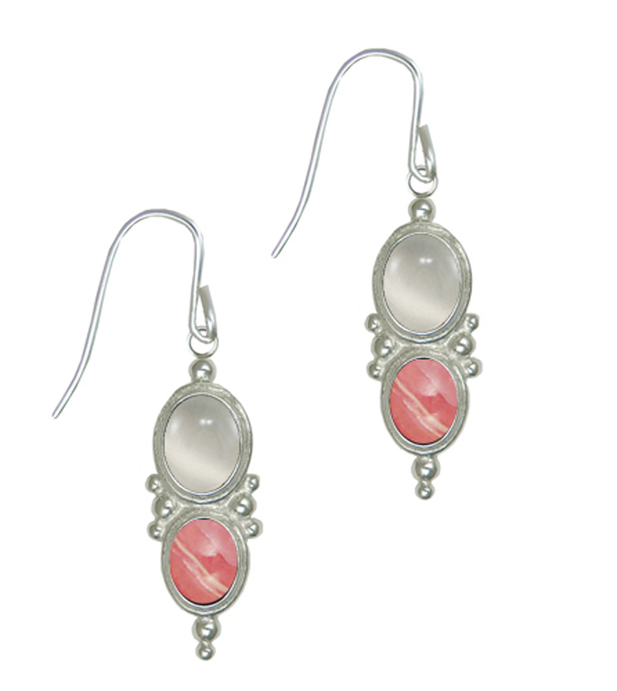 Sterling Silver Drop Dangle Earrings With White Moonstone And Rhodocrosite